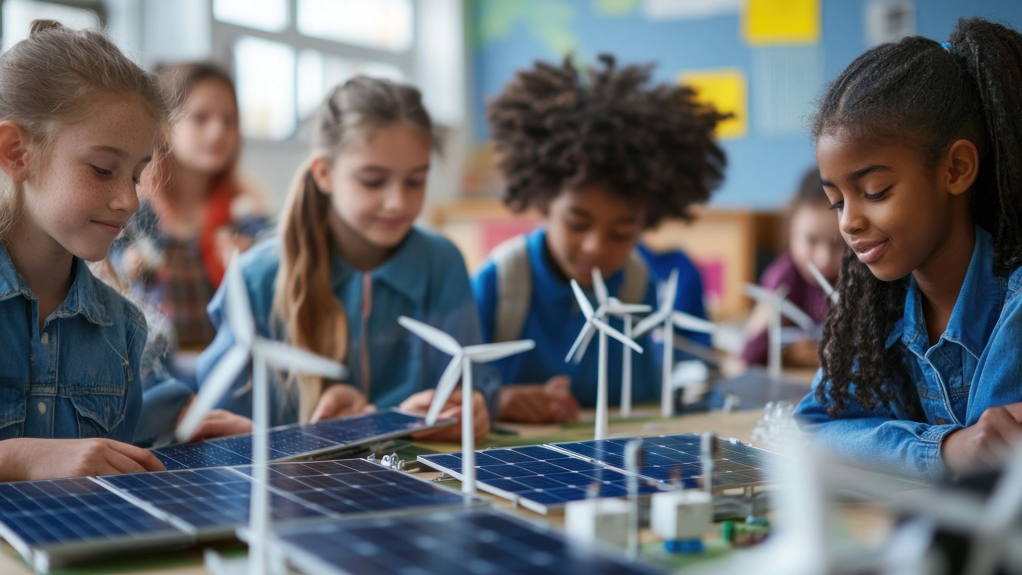 elementary-school girls examine models of solar and wind power plants